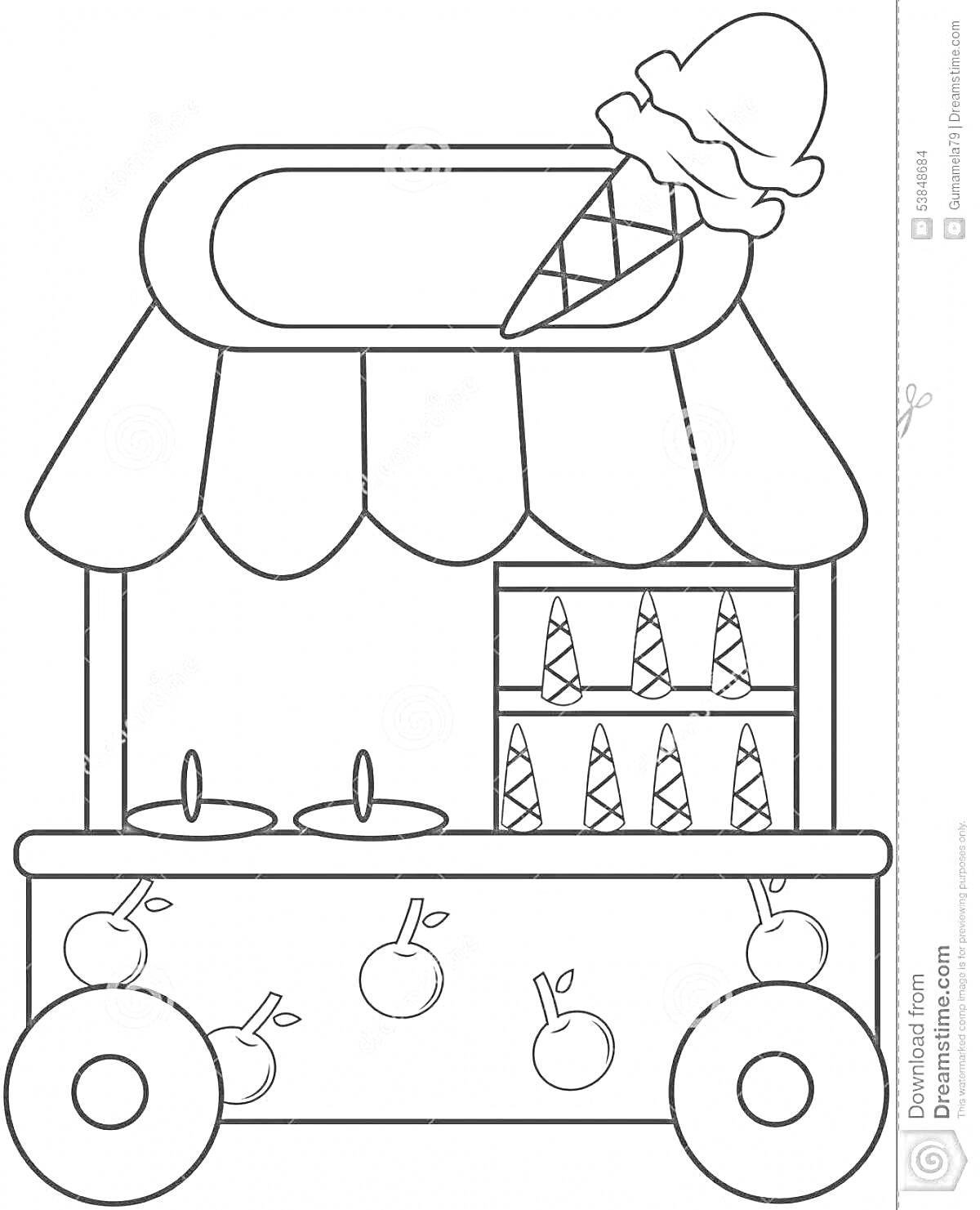 На раскраске изображено: Мороженое, Рожки, Крыша, Колёса, Мороженое в рожке, Лавка