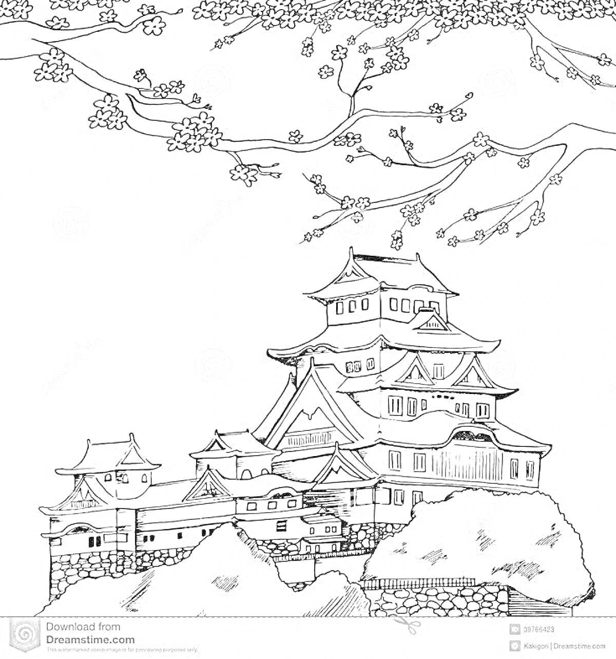 На раскраске изображено: Замок, Япония, Сакура, Традиционная архитектура, Природа, Весна, Цветы, Страна восходящего солнца