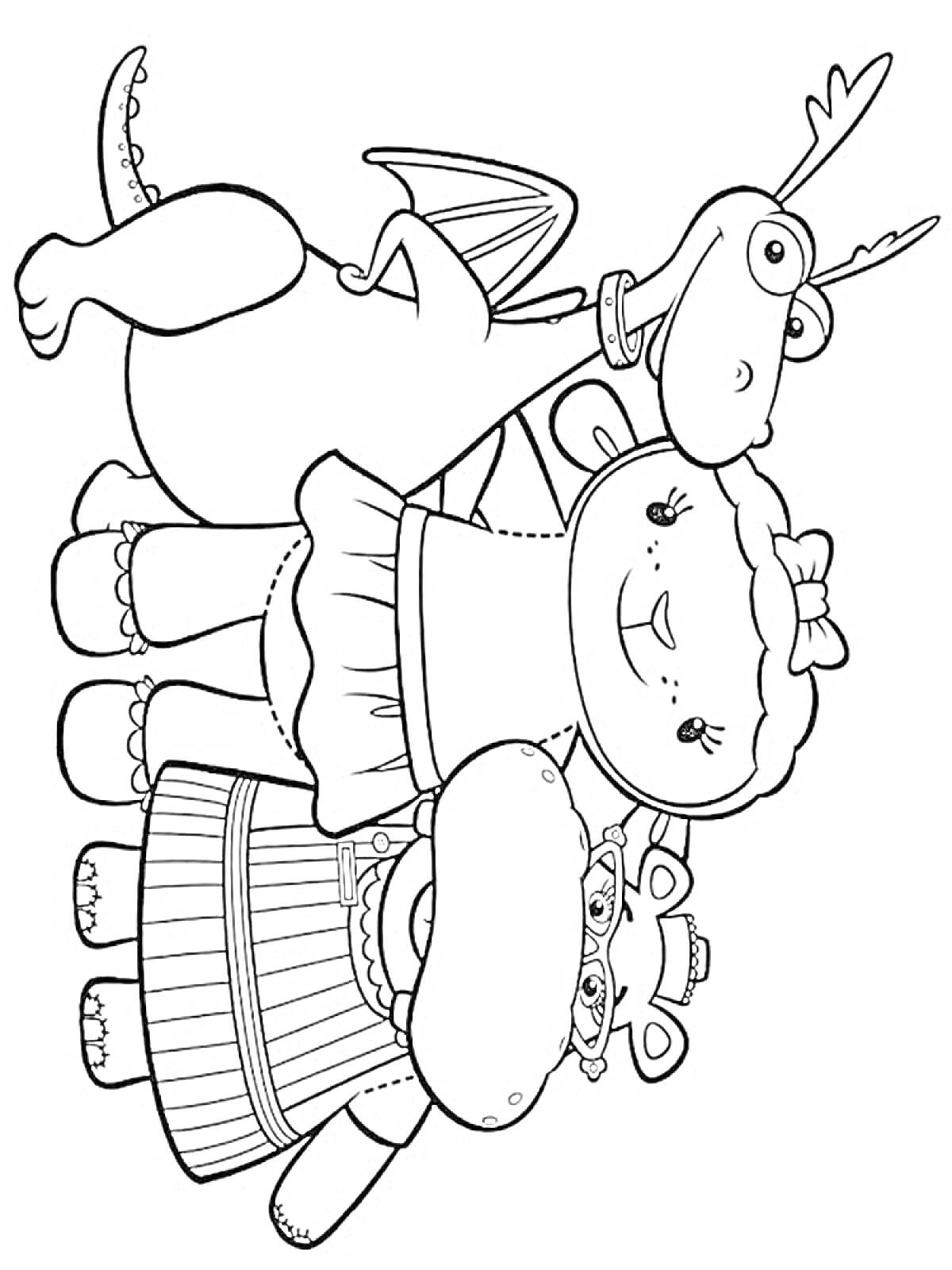 Раскраска Дракон, овечка и бегемот в одежде из мультфильма 