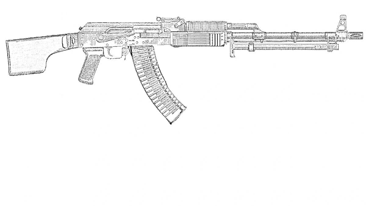 На раскраске изображено: Автомат, АК-74, Оружие, Винтовка, Приклад, Магазин, Прицел