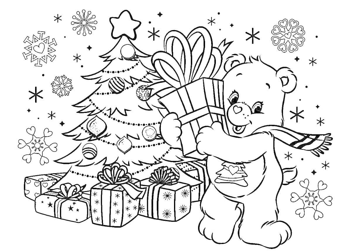 Раскраска Медвежонок с подарком у новогодней ёлки с украшениями и подарками, вокруг снежинки и звезды