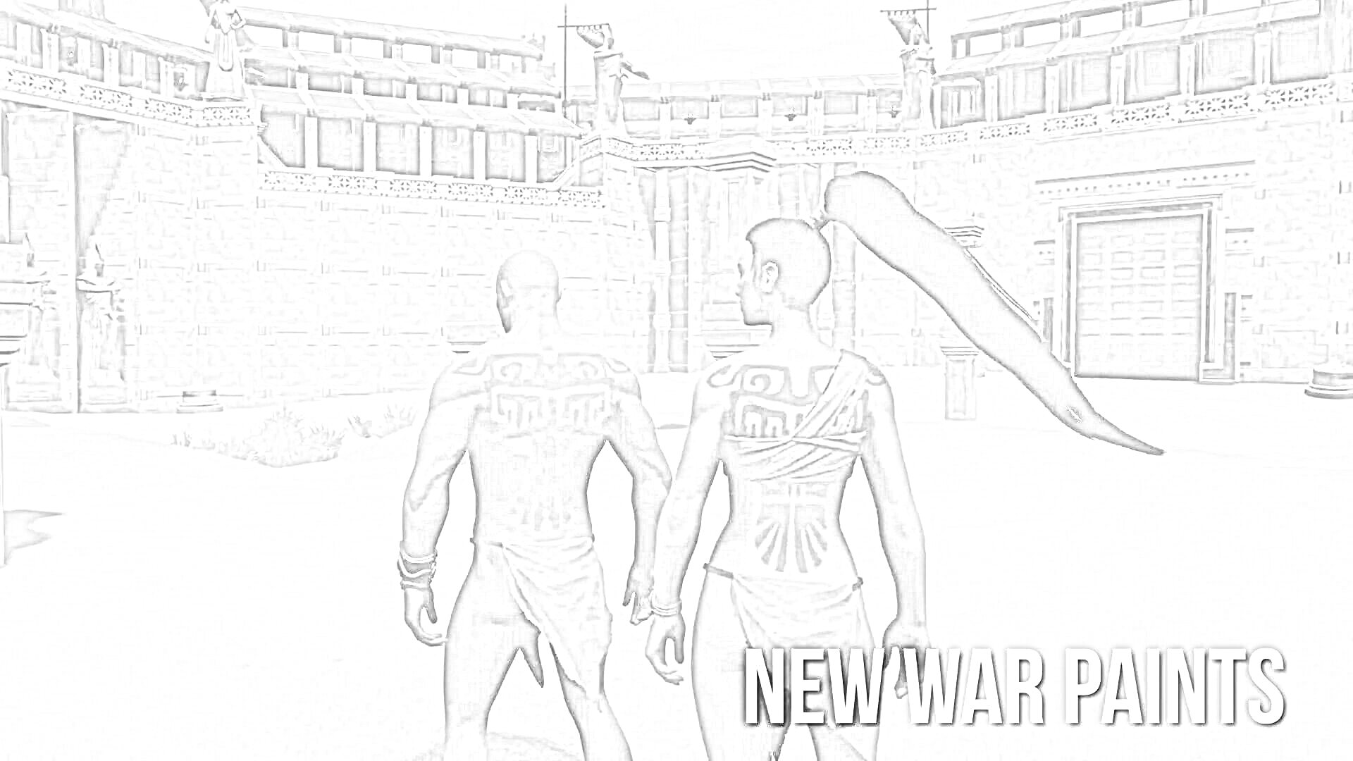 Персонажи спиной в боевых красках на арене перед стенами