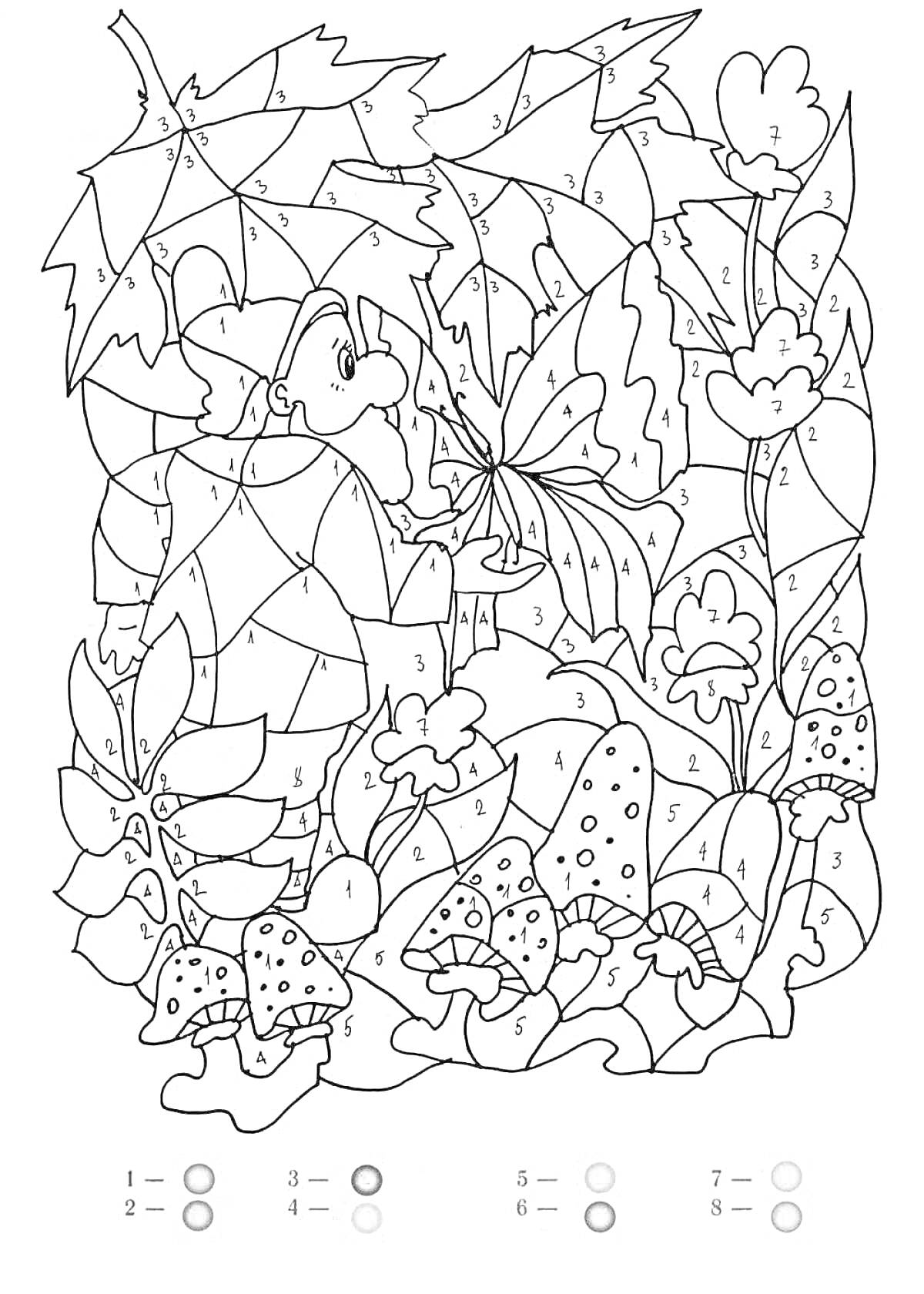 Раскраска Лесной гном с бабочкой среди листьев, грибов и цветов