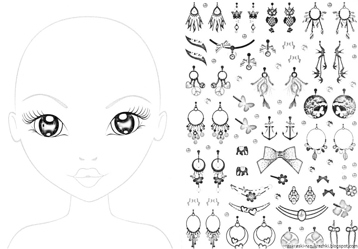 Раскраска Лицо девушки для макияжа с украшениями и аксессуарами