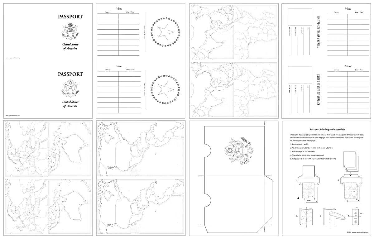 Раскраска Паспорт для детей с картами мира, страницами для личной информации, секциями для визовых штампов и страницами для раскрашивания