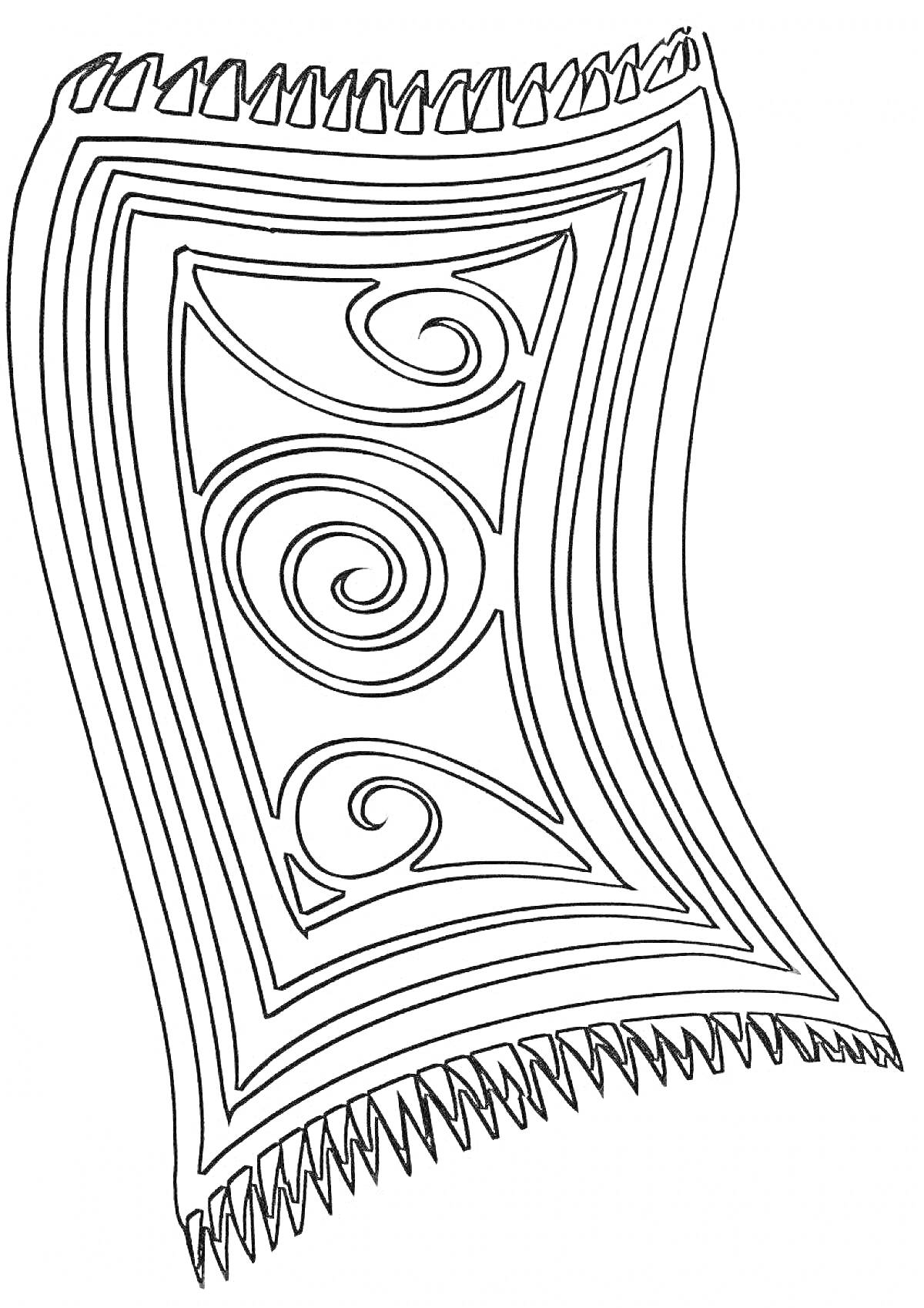 Раскраска Коврик с закругленными спиралями и бахромой