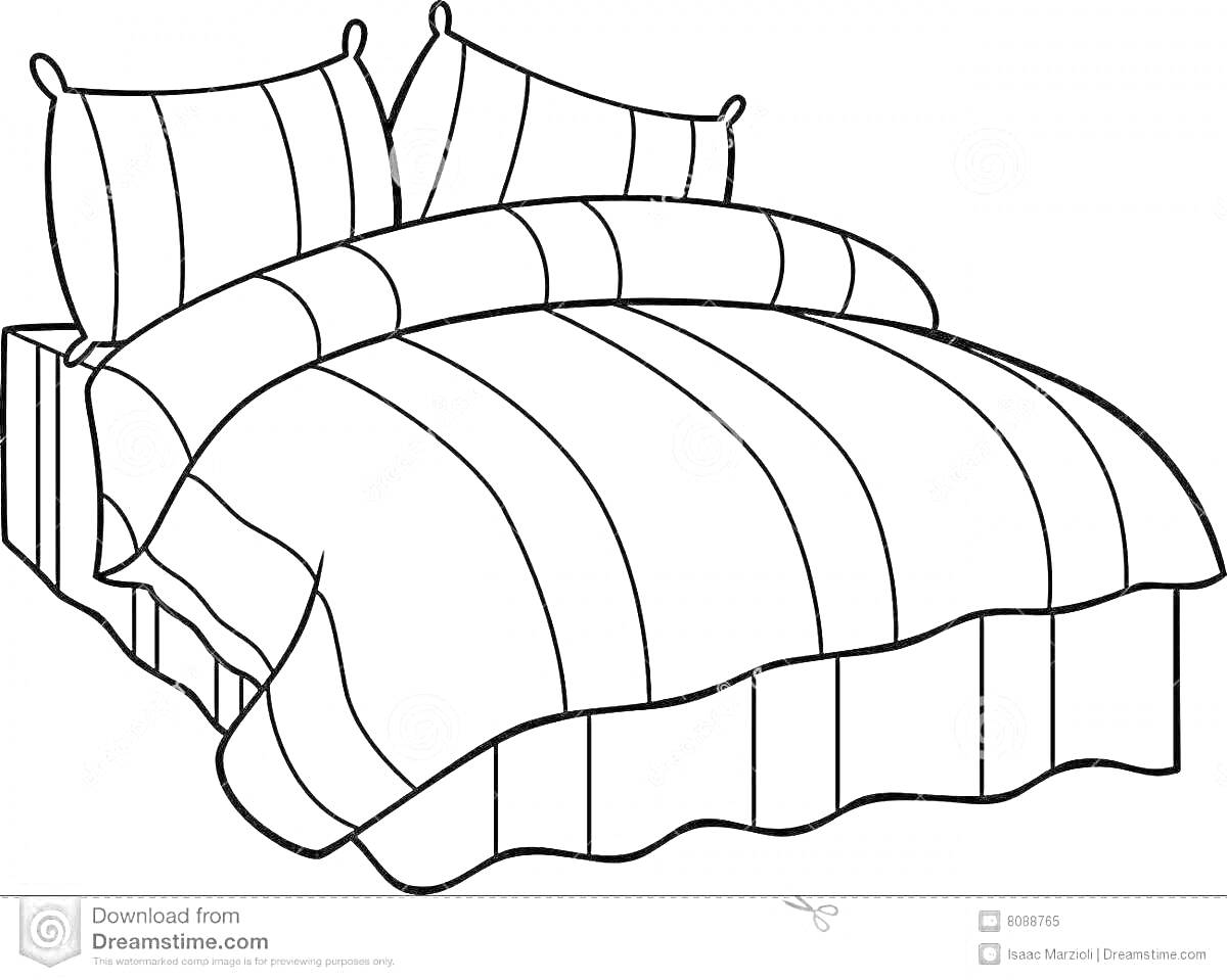 Раскраска Кровать с двумя подушками и одеялом в полоску