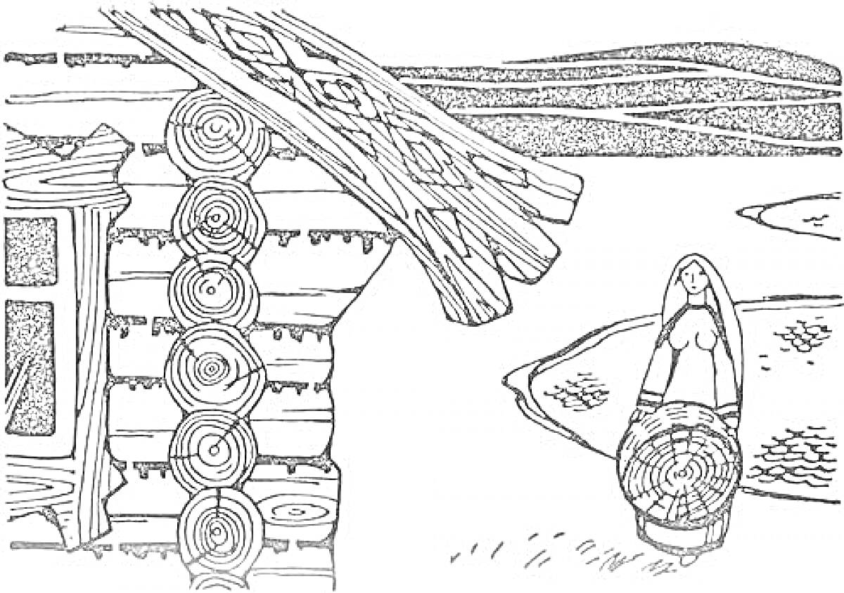 Раскраска женщина с корзиной у деревянного дома на фоне реки и холмов