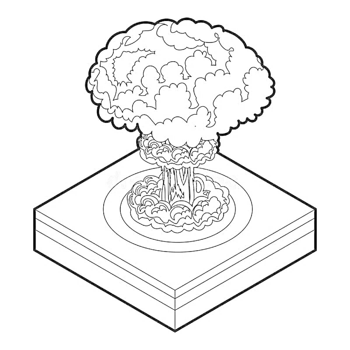 РаскраскаЯдерный взрыв на платформе с облаком в виде гриба и концентрическими кругами взрыва