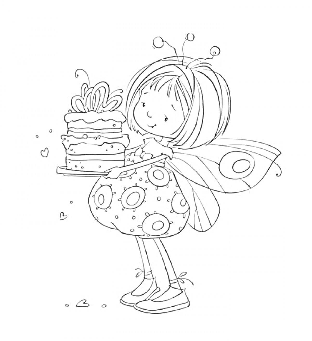 Раскраска Фея с крыльями, держащая торт
