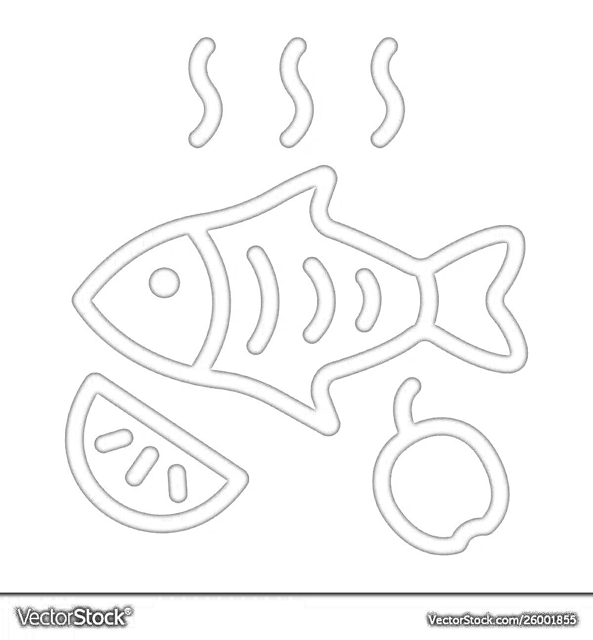 Раскраска Жареная рыба с лимоном и овощем