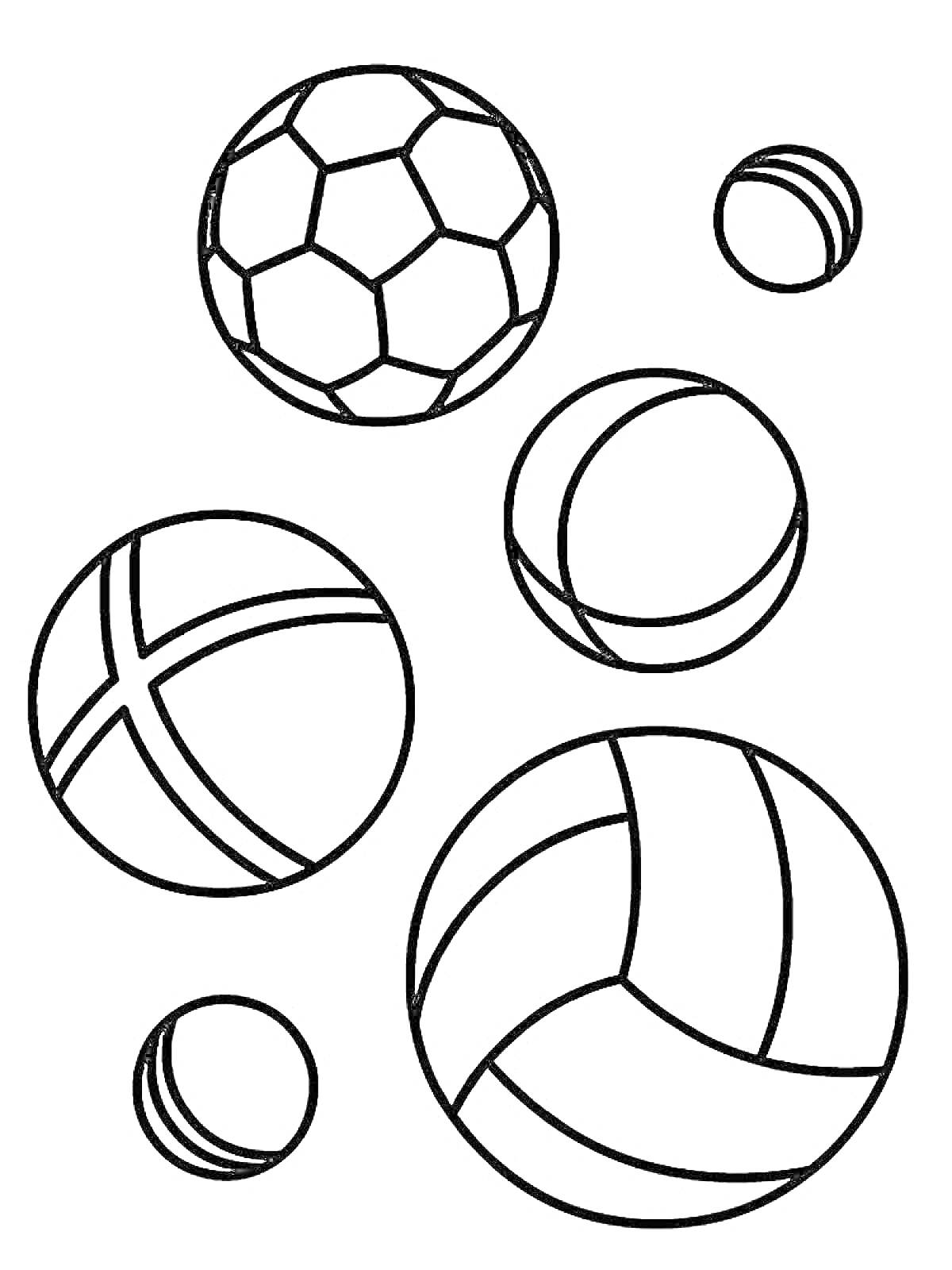 На раскраске изображено: Футбольный мяч, Теннисный мяч, Баскетбольный мяч, Волейбольный мяч, Спорт, Игра, Для детей, Мячи