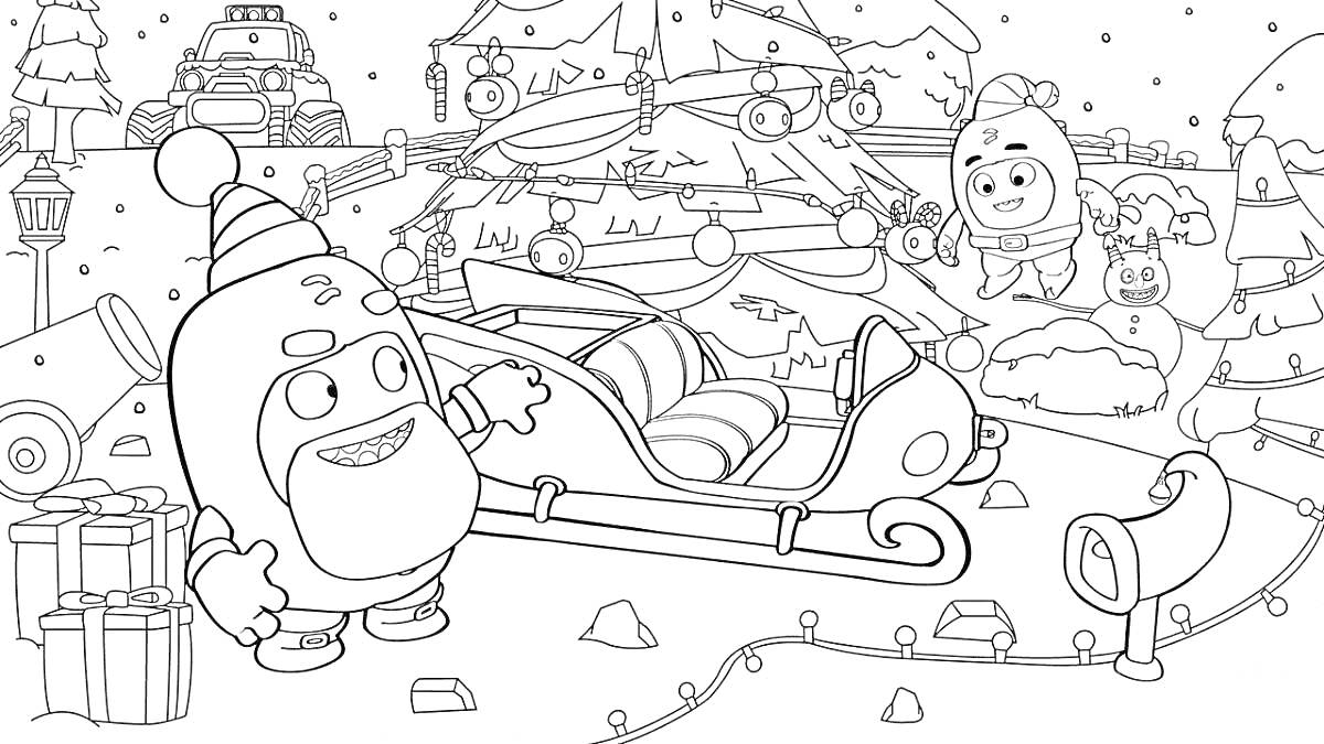 На раскраске изображено: Новый год, Зима, Сани, Подарки, Снег, Украшения