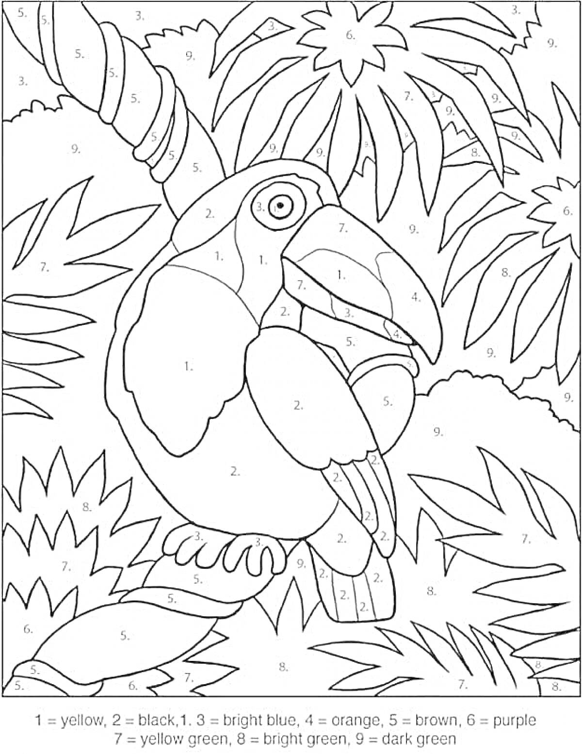 Раскраска Раскраска по номерам с изображением тукана в джунглях на ветке