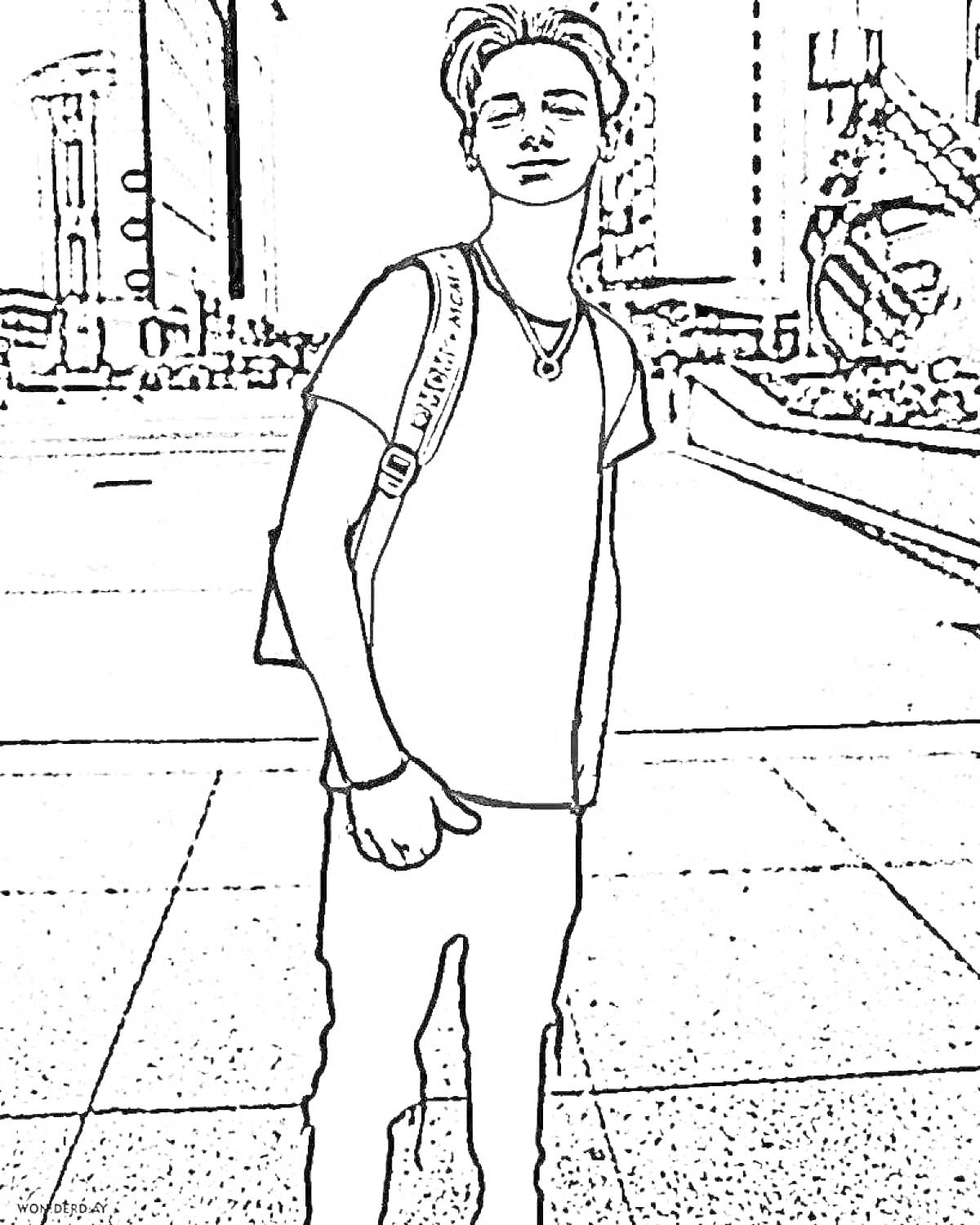 Раскраска Блоггер на улице, молодой человек с рюкзаком на фоне зданий и городской улицы, есть тротуар и архитектурные элементы