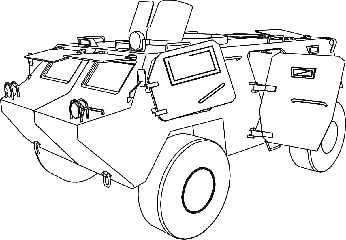 Раскраска Бронетранспортер с открытыми дверьми и антеннами