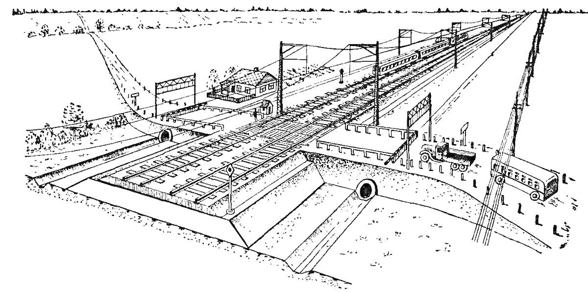 Раскраска Железнодорожный переезд с путями, поездом, автомобильной дорогой, кирпичным мостом, туннелем, зданием, ограждением и знаками
