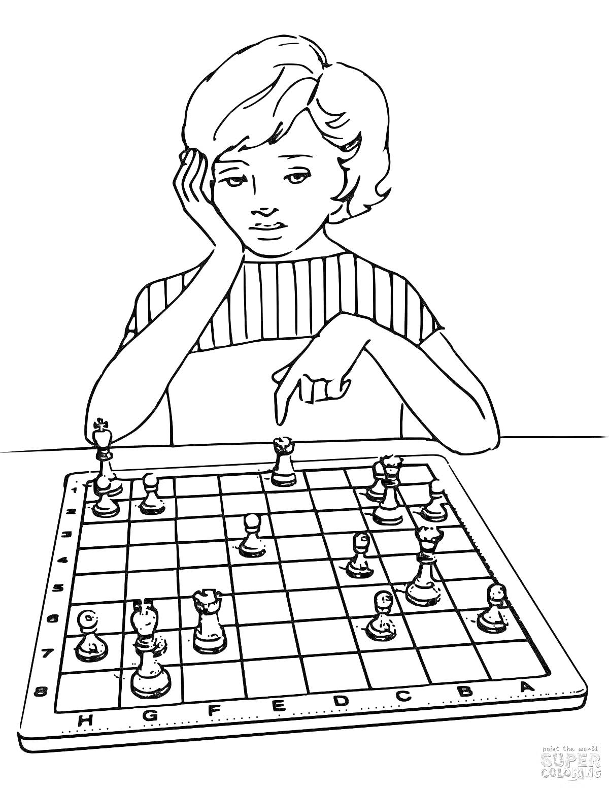 На раскраске изображено: Ребёнок, Шахматы, Игра, Фигуры, Стратегия, Контурные рисунки