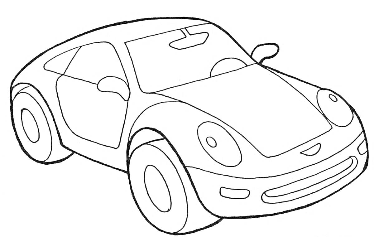 Раскраска Спортивная машина с дверями, большим лобовым стеклом, боковыми зеркалами, передними фарами и большими колёсами
