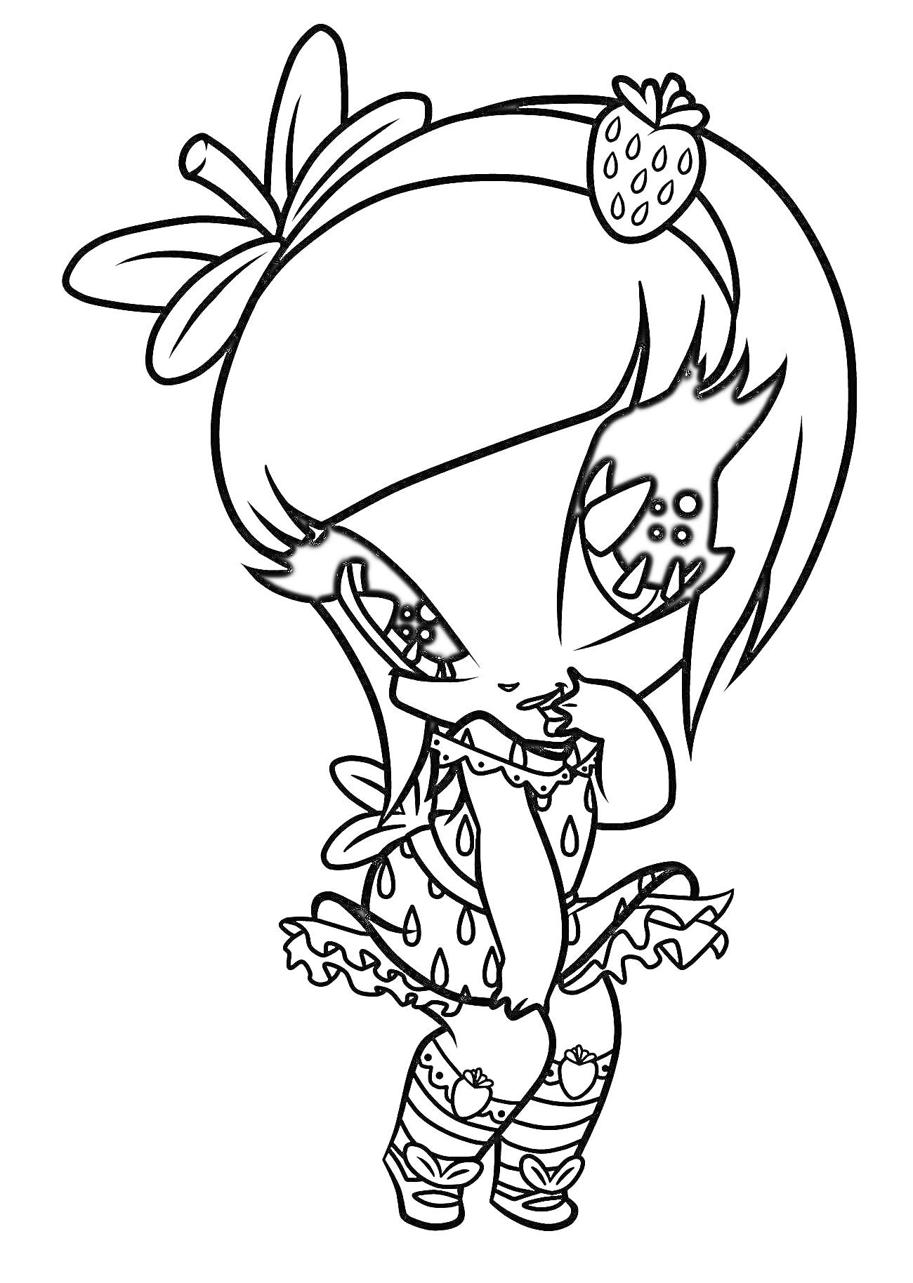 Раскраска Пикси Винкс с клубничкой на волосах и бантиком, в платье с клубничным принтом и туфлях