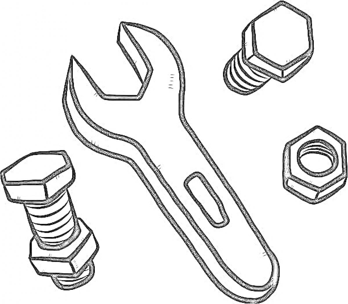 Раскраска Гаечный ключ, винты и гайка
