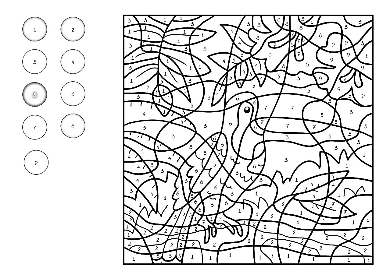 Раскраска Раскраска по номерам с изображением попугая и растений