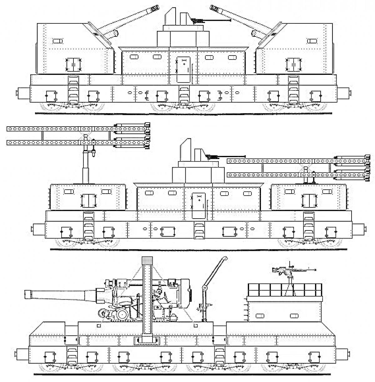 Раскраска Бронепоезд с артиллерийскими орудиями, антенной и башней с пулеметами