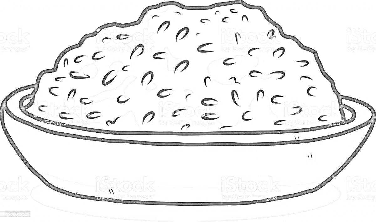 На раскраске изображено: Рис, Еда, Тарелка, Зерна