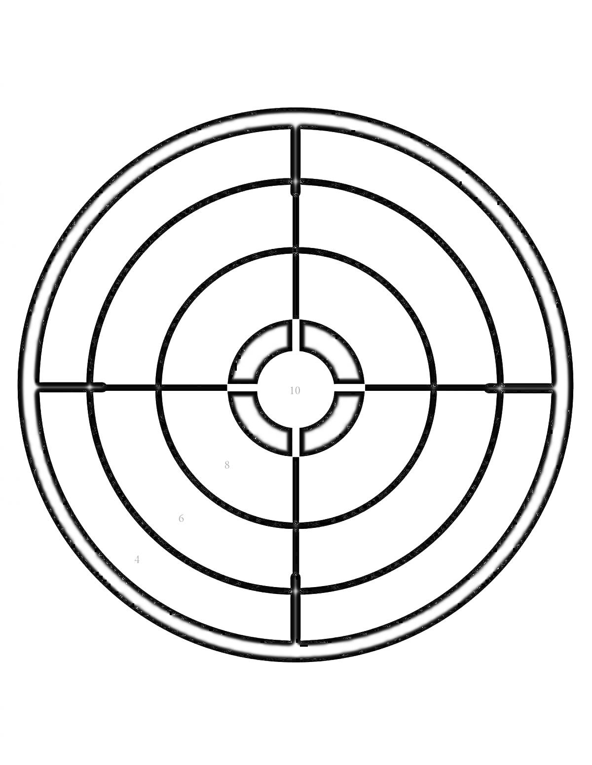 Раскраска Мишень с четырьмя концентрическими кругами и перекрестием