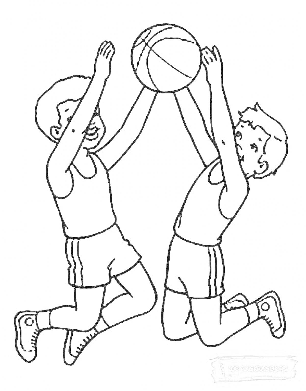 Раскраска Два мальчика в спортивной форме играют в баскетбол, пытаясь поймать мяч