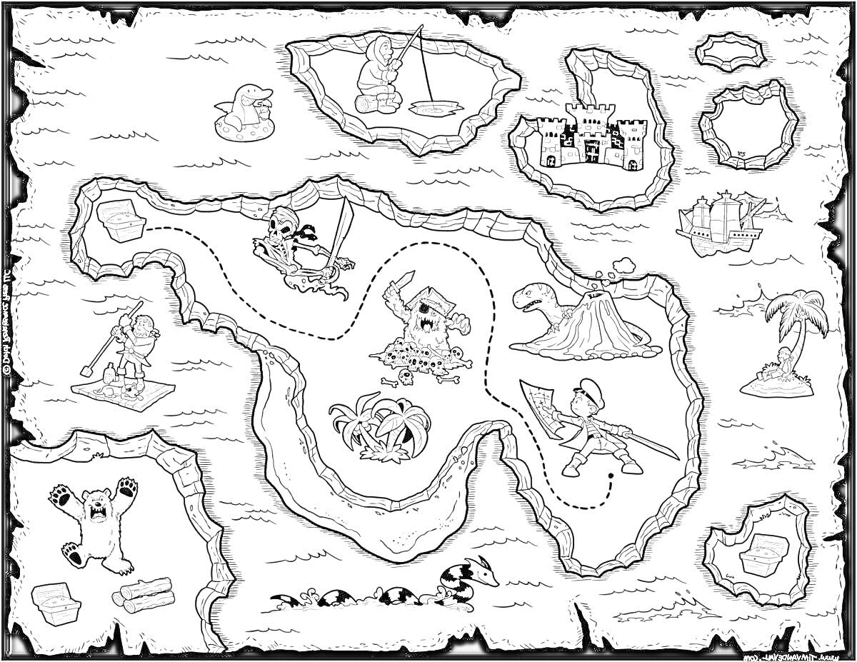 Раскраска Пиратская карта с островами и сокровищами, пиратами, кораблями и крабами