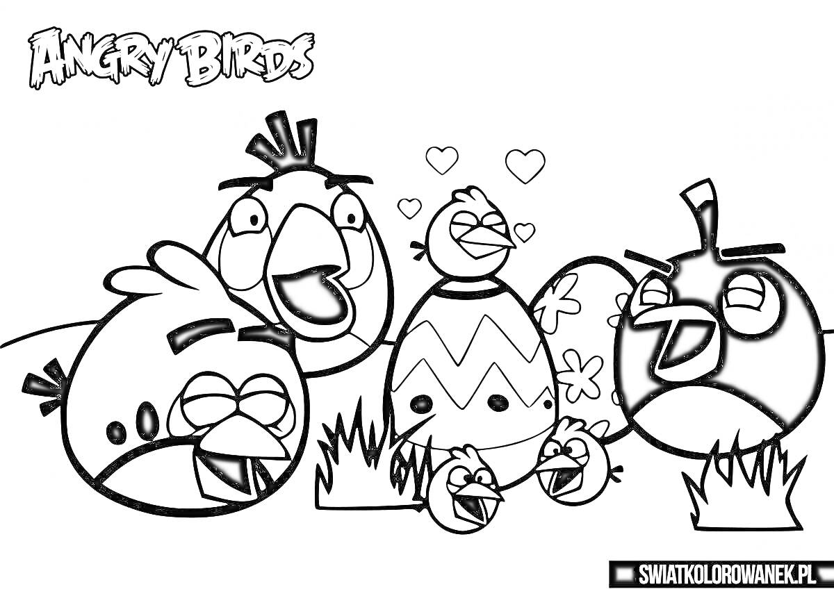 РаскраскаПтицы Angry Birds с пасхальным яйцом и птенцами