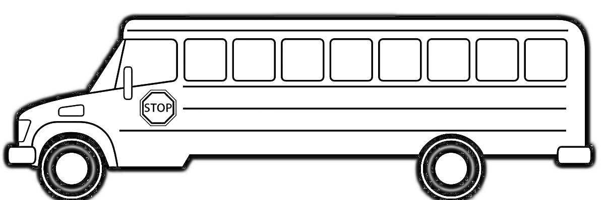 На раскраске изображено: Автобус, Школьный автобус, Транспорт, Стоп, Контурные рисунки