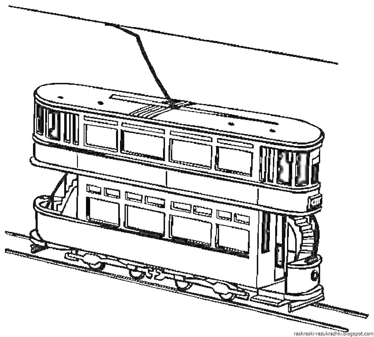 На раскраске изображено: Трамвай, Рельсы, Городской транспорт, Транспорт для детей