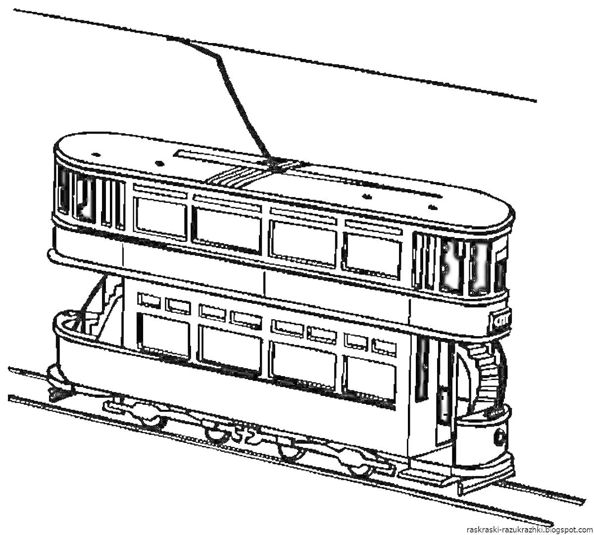 Раскраска Двухэтажный трамвай на рельсах с контактной линией