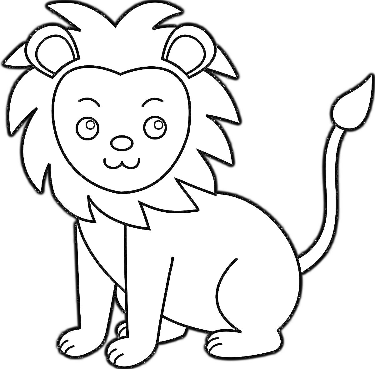 На раскраске изображено: Лев, Животные, Грива, Лапы, Длинный хвост, Для детей, Сидеть, Улыбка