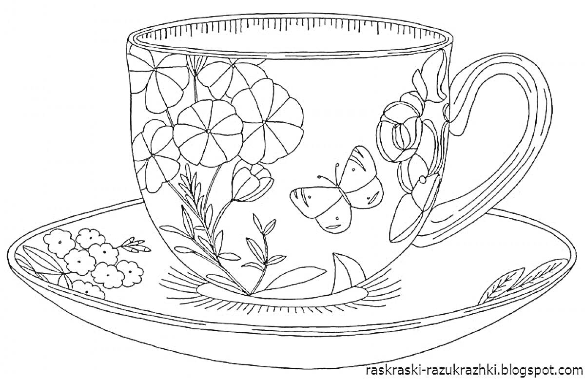Раскраска Чашка с цветочным узором и бабочкой на блюдце