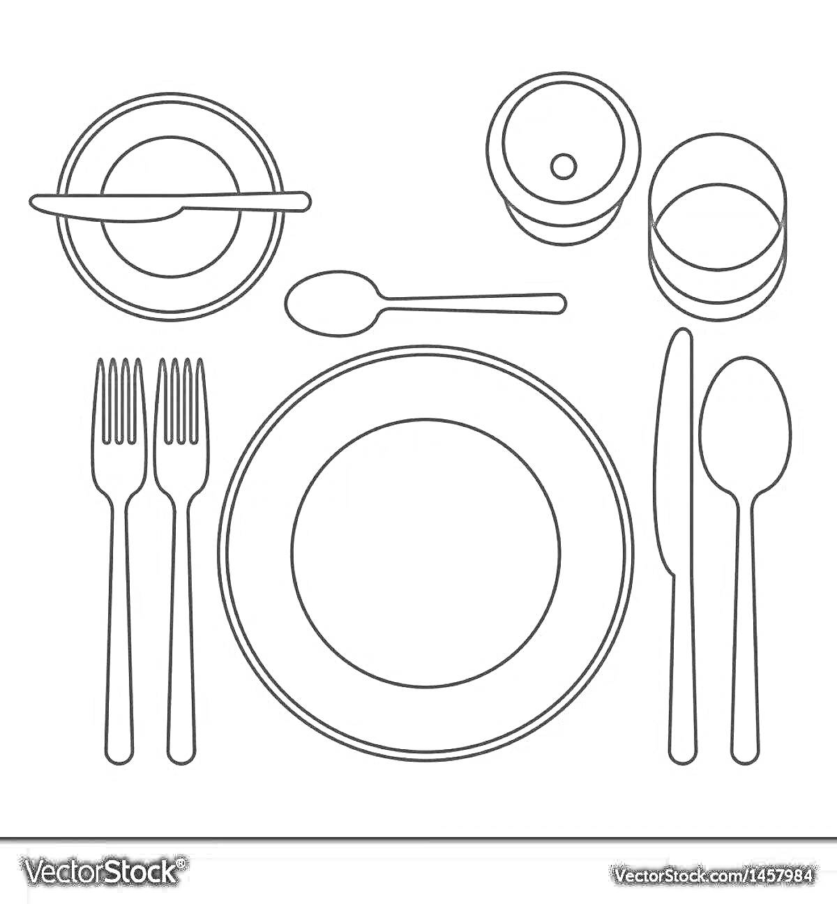 Раскраска Полный набор сервировки стола с тарелками, вилками, ножом, ложкой, стаканом, чашкой и салатником