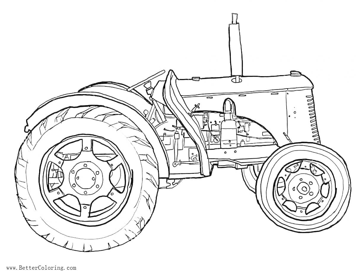 Раскраска Трактор с большими колесами и деталями двигателя