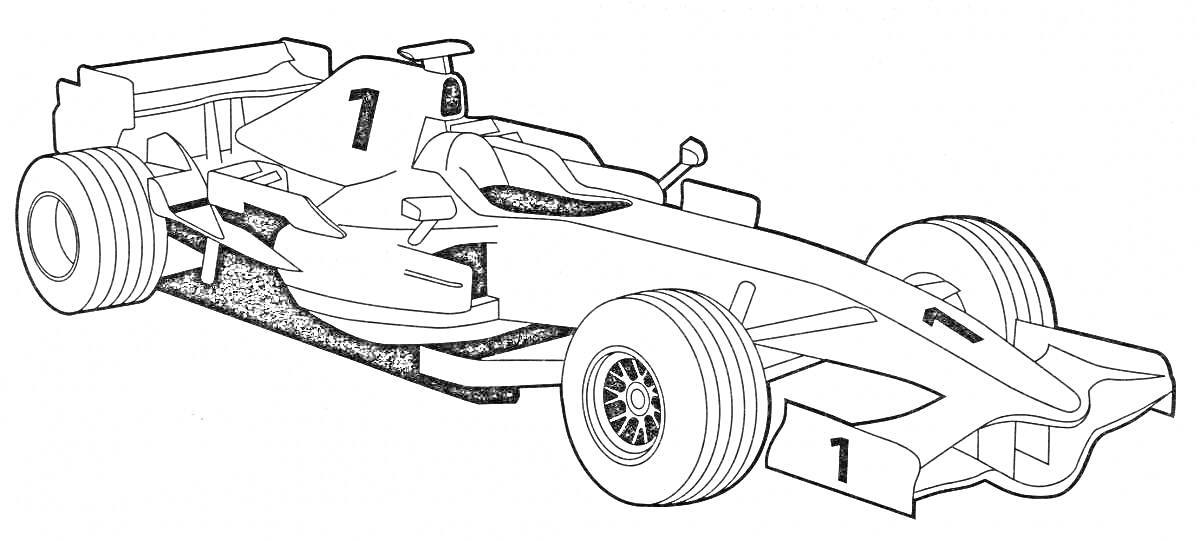 Раскраска Гоночный болид Формулы-1 с номером 1 на носу и боковой части, большими задними и передними спойлерами, аэродинамическим корпусом и крупными гоночными шинами