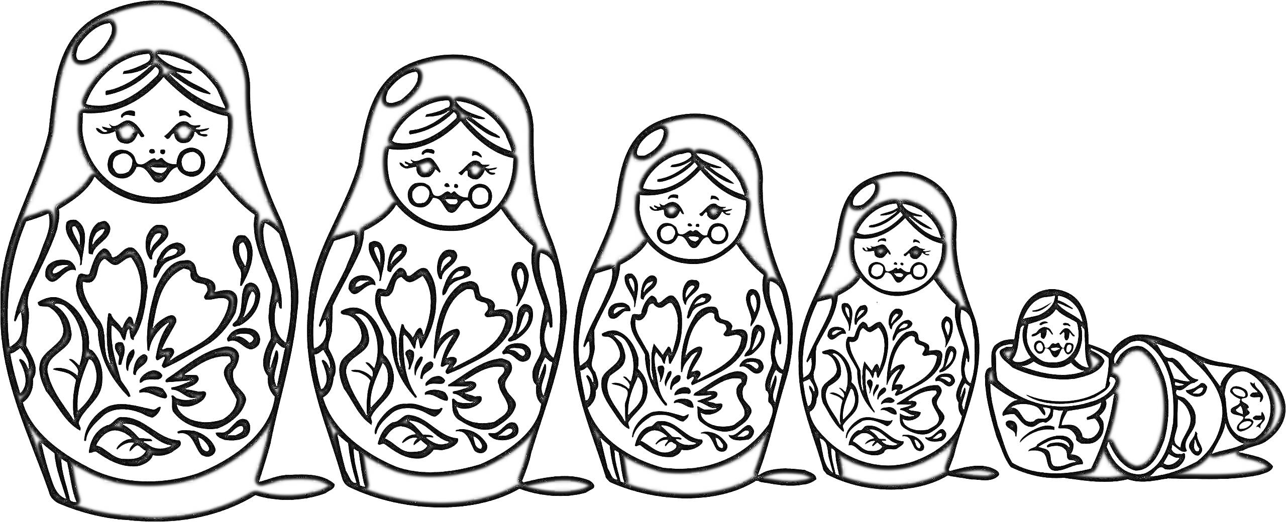 Матрешка с цветочным узором из пяти кукол, одна из которых разобрана на две половинки с куклой внутри