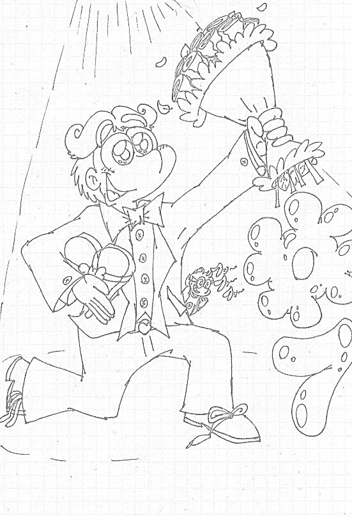 Раскраска Джентльмен с букетом и конфетами на свадьбе