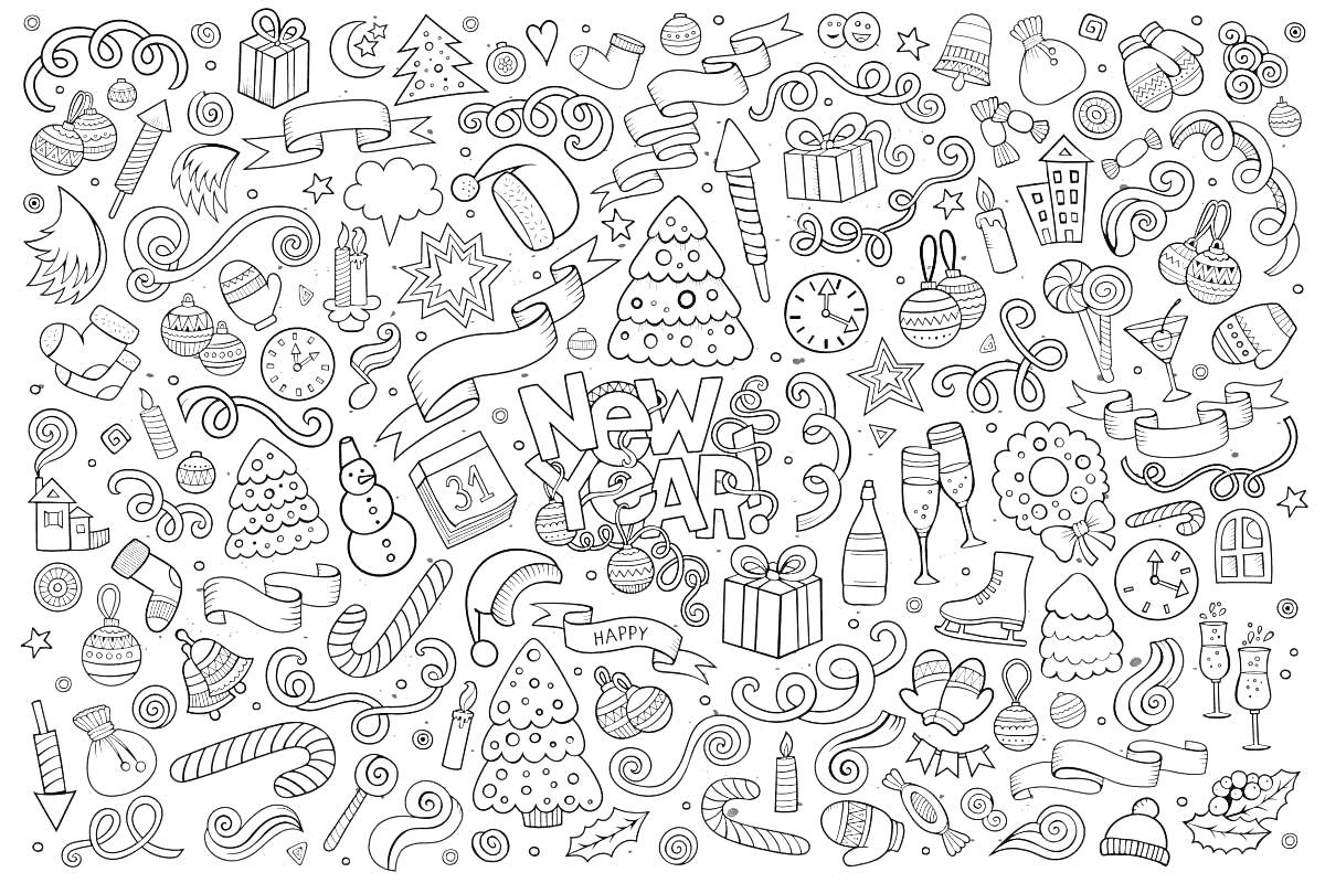 Раскраска Новый год – ёлочные игрушки, ёлки, подарки, бокалы, хлопушки, часы, венки, снеговики, конфеты, зажигалки, банты, елочные шары