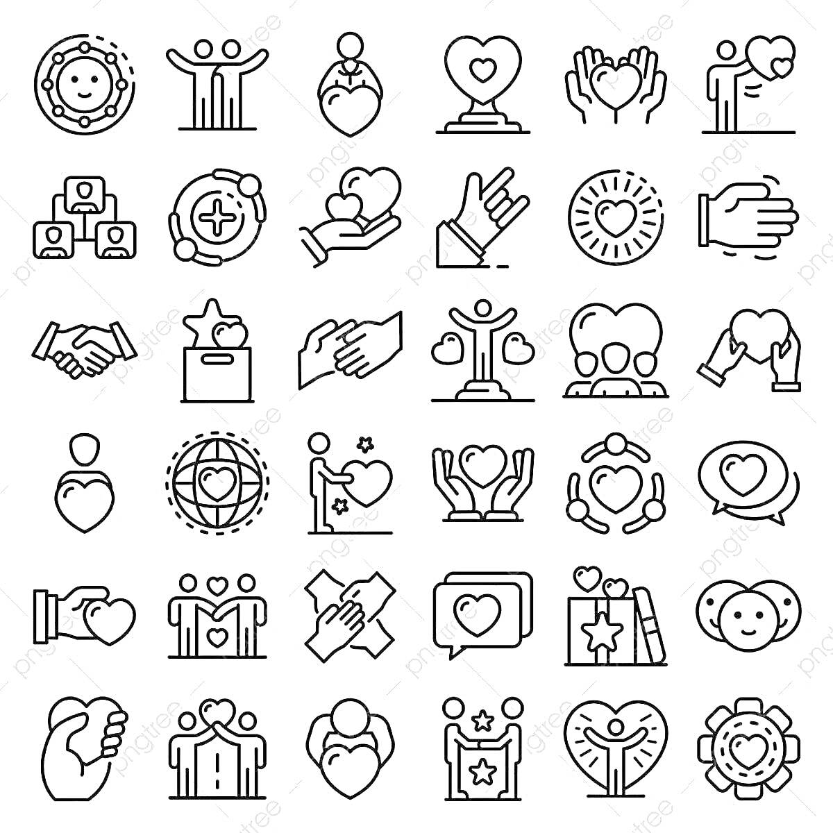 На раскраске изображено: Иконки, Сердца, Руки, Любовь, Дружба, Подарки, Забота, Поддержка, Глобус, Часы, Весы