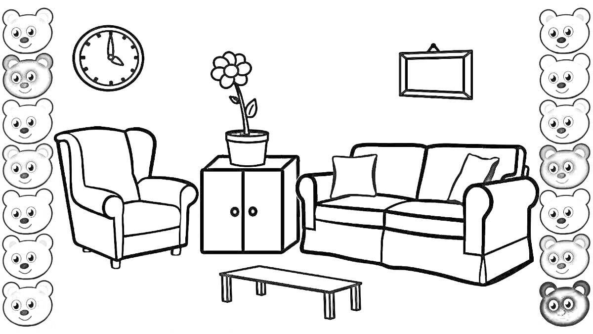 Раскраска Гостиная с мебелью. В комнате есть кресло, шкафчик с цветком, диван, журнальный столик, настенные часы и картина.