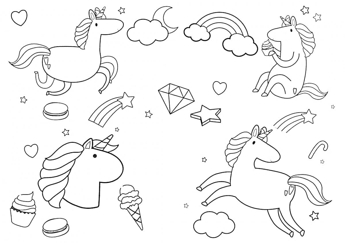 На раскраске изображено: Единороги, Облака, Сердца, Звезды, Мороженое, Бриллиант, Месяц, Фэнтези, Для детей