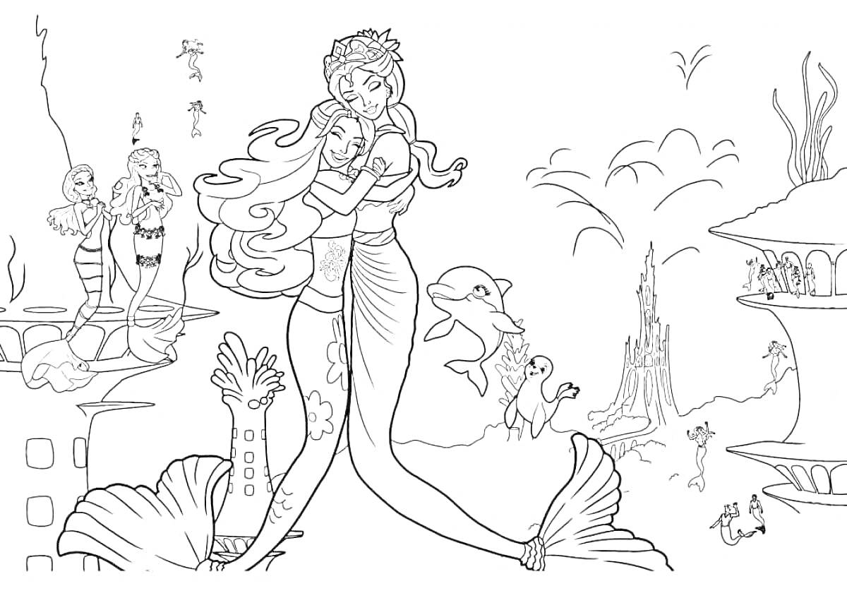 На раскраске изображено: Королева, Русалка, Подводный мир, Замок, Объятия, Морские растения, Корона