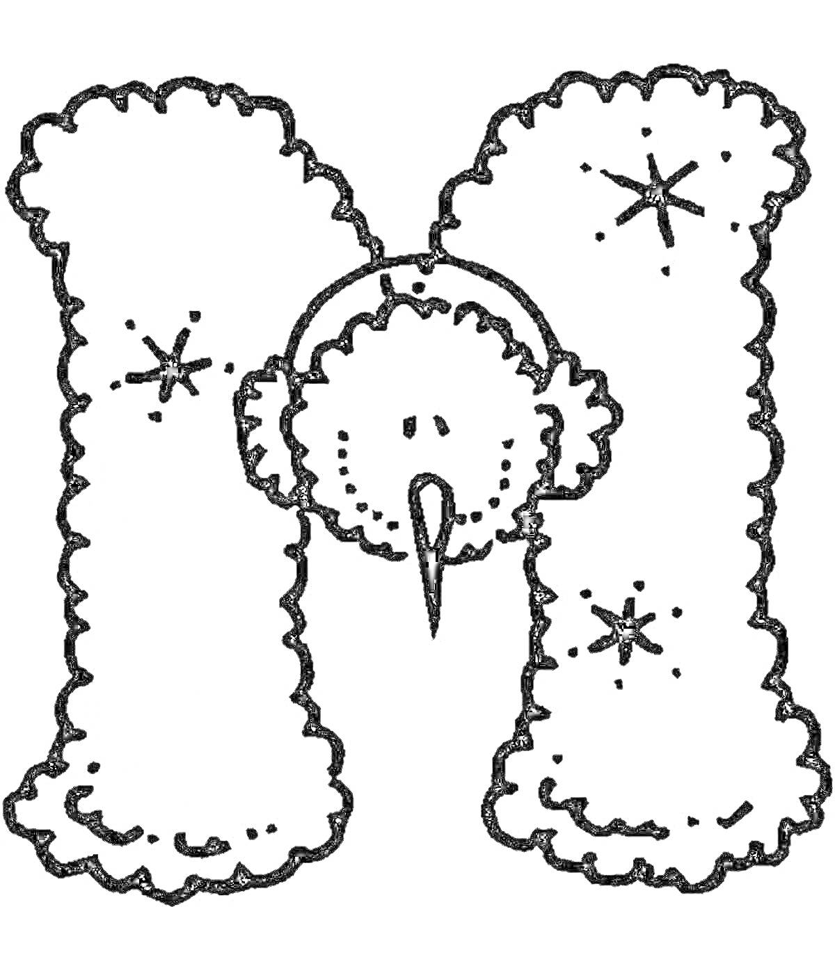 На раскраске изображено: Буква М, Снежинки, Зима, Новый год, Птица