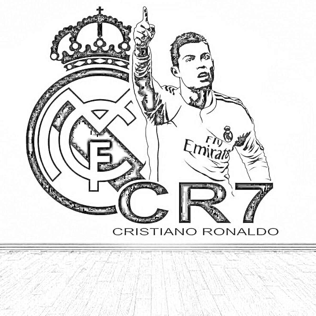 Раскраска Кристиано Роналдо на фоне эмблемы футбольного клуба с надписями 