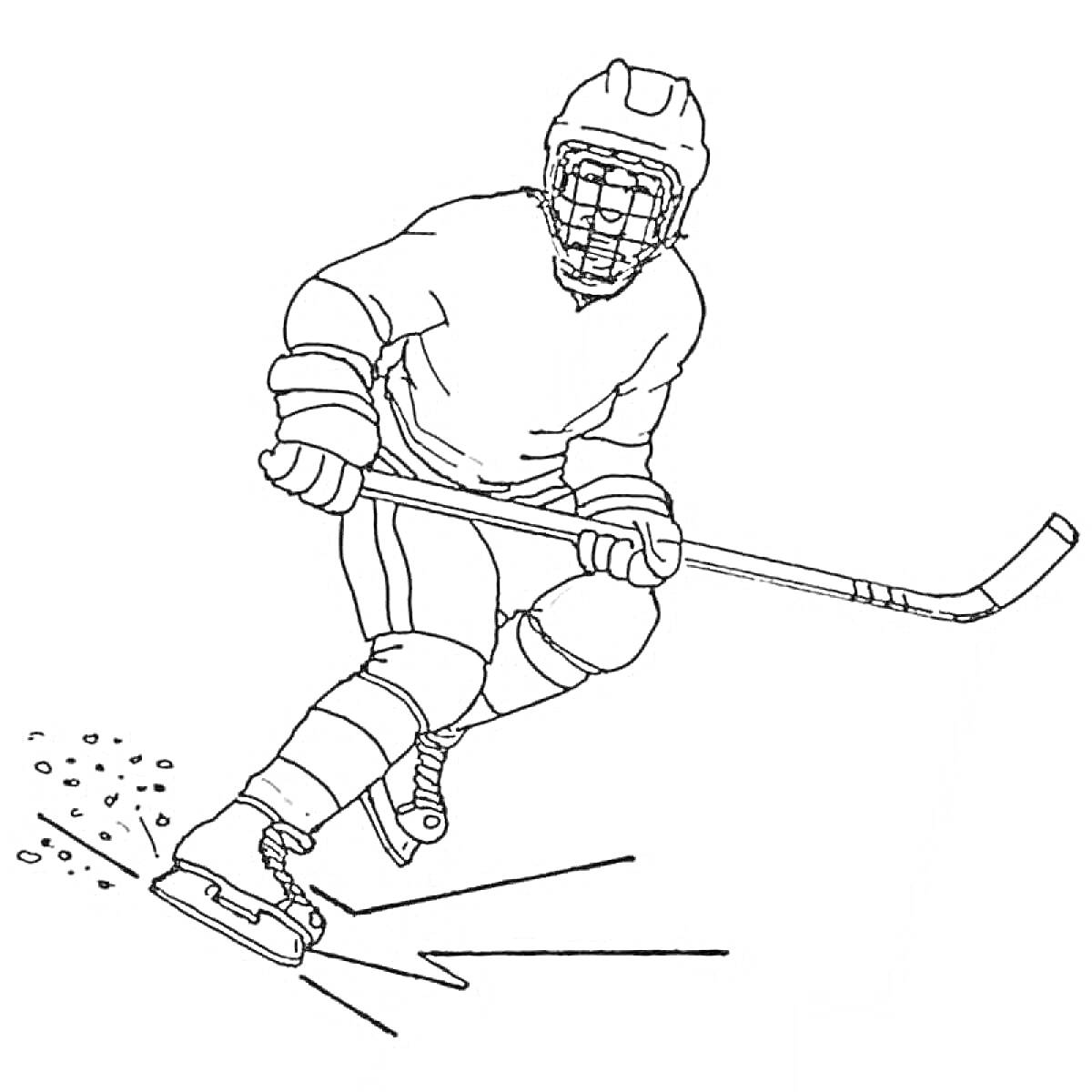 Раскраска Хоккеист в шлеме с клюшкой на льду